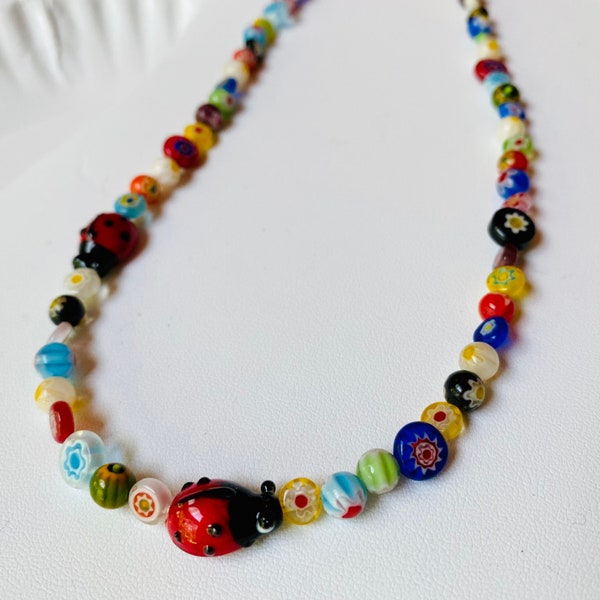 Millefiori Necklace, Colorful Italian Glass Beaded Necklace, Summer Boho Floral Necklace, ladybug adjustable choker y2k choker 90s style