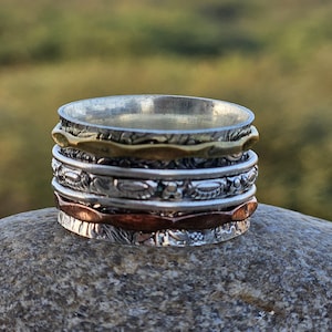 Sterling Silver Spinner Ring: Boho Fidget Ring with Copper & Brass