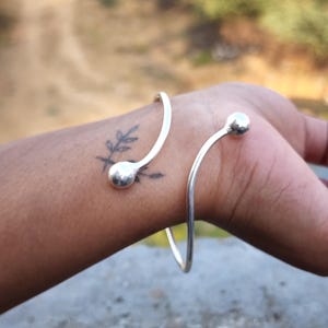 Minimalist Sterling Silver Cuff Bracelet: Adjustable Ball-End Bangle