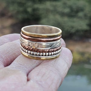 Floral Spinner Ring: Sterling Silver, Brass & Copper Meditation Fidget Ring
