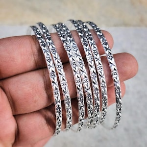 Floral Gravierte Sterling Silber Armreif Set: Oxidierter Boho Schmuck
