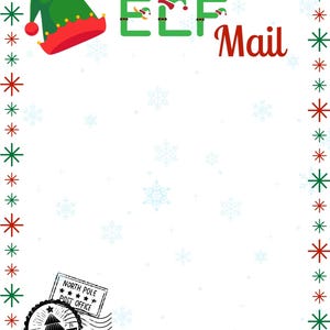 May include: A festive letterhead design with a border of red and green snowflakes. The words "Elf Mail" are displayed with an elf hat graphic. A "North Pole Post Office" stamp is also featured. The background is white with light blue snowflakes.