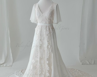Flutter Sleeve Wedding Dress|Modest Wedding Dress|Sheat Wedding Dress|Boho Wedding Dress|Butterfly Sleeve Wedding Dress|Bridal Gown