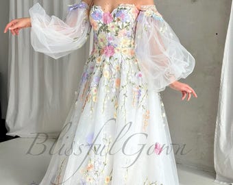 Colorful Floral Embroidery Wedding Dress, Off-the-Shoulder Puffy Sleeve Bridal Gown, Whimsical Fairy Tulle