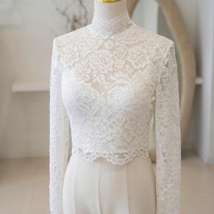 Floral Lace Wedding Bolero with High Neck, Long Sleeve Bridal Crop Top, Romantic Boho Wedding Dress Topper, Button Back Shrug