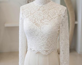 Bolero da sposa in pizzo floreale con collo alto, top corto da sposa a maniche lunghe, coprispalle romantico boho per abito da sposa, coprispalle con bottoni sul retro