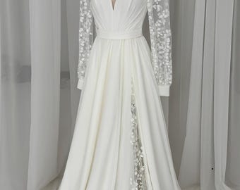 Ethereal Off Shoulder Wedding Dress with 3D Floral Appliques and Puffy Tulle Sleeves