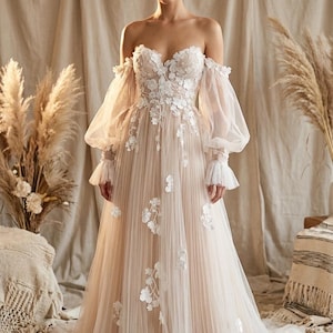 Off Shoulder Puffy Sleeve Wedding Dress Boho Tulle Bridal Gown Whimsical Fairy Lace Applique