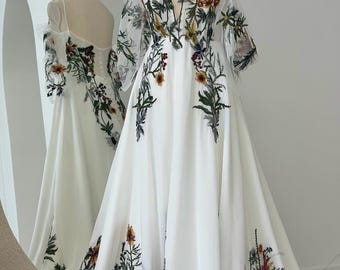 Whimsical Forest Gown | Colorful Floral Embroidery Dress | Deep V Neck Chiffon | Flutter Sleeve Fairycore Maxi | Boho Elven Style