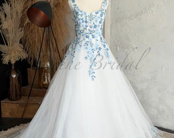 Vestido de novia azul bordado con flores, vestido de novia de tul blanco sin mangas, estilo cuento de hadas romántico, maxi vestido personalizado
