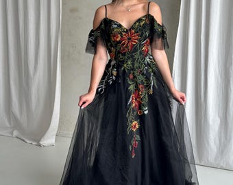 Black Floral Embroidered Evening Dress, Off Shoulder Prom Gown, Elegant Tulle Wedding Guest Dress
