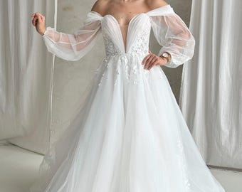 Vestido de noiva de tule com ombros à mostra | Vestido de noiva boho corte A