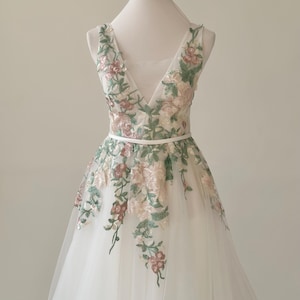 Floral Lace Tulle Wedding Dress with V Neck and A Line Silhouette Elegant Boho Bridal Gown with Colorful Embroidered Details