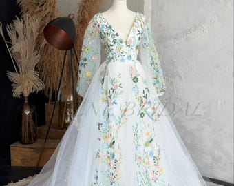 Wildflower Embroidered Wedding Dress Long Sleeve, White Floral Bridal Gown Deep V Custom Fairy Garden Maxi