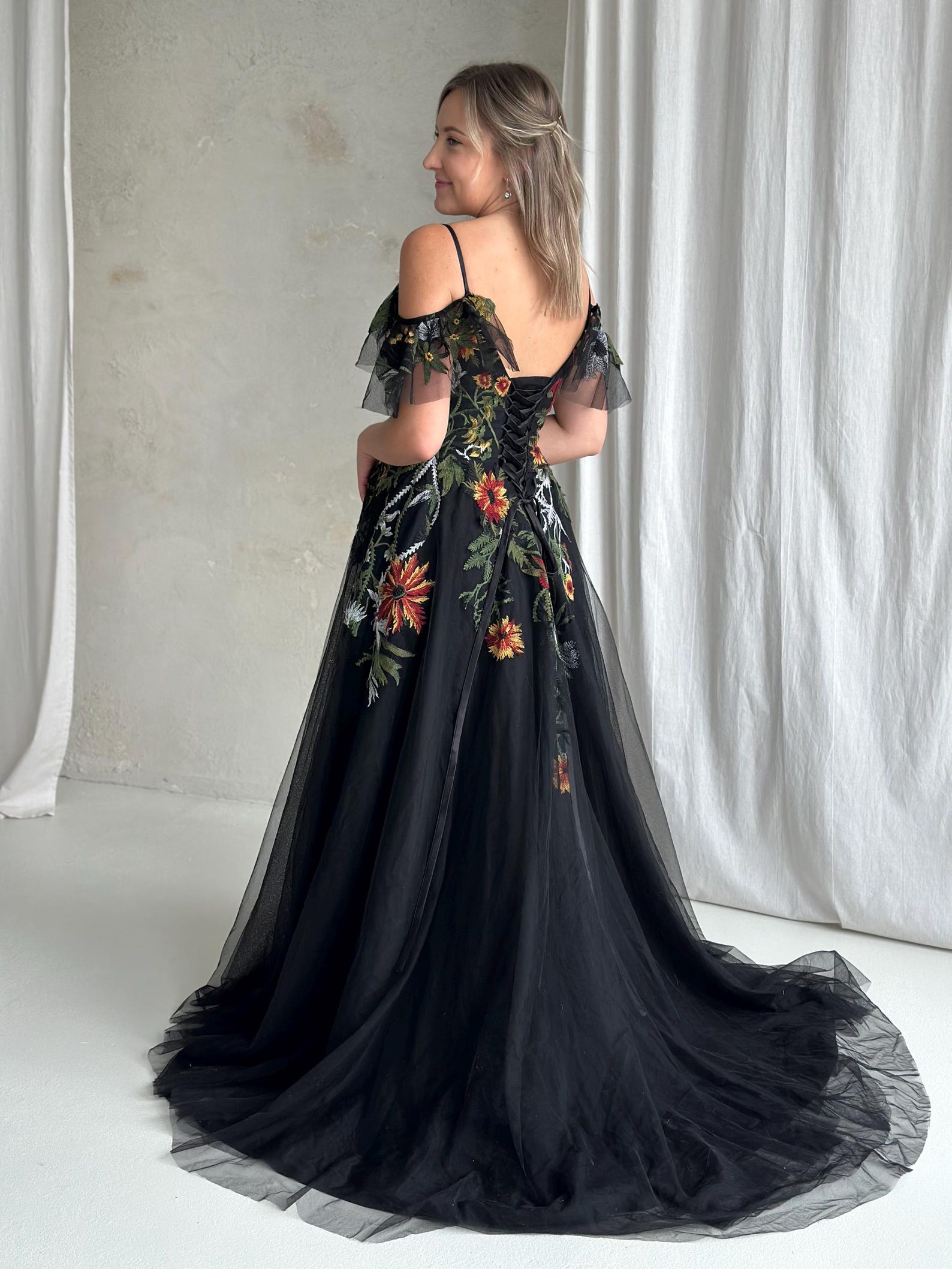 Black Floral Embroidered Evening Dress, off Shoulder Prom Gown, Elegant Black Floral Embroidered Evening Dress, off Shoulder Prom Gown, Elegant