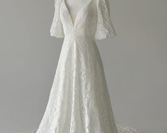 The Enchanted Forest Gown Handcrafted Lace Wedding Dress with Mini Sleeves Perfect for an Outdoor Rustic Fairytale or Garden Wedding