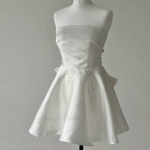 Sell-Out! White Satin Strapless Mini Dress with Removable Back Bow Elegant A-Line Short Dress for Bridal Shower Reception or Party Dress