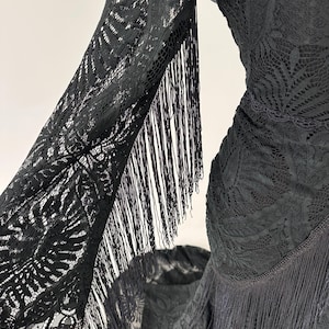 May include: Black lace dress with long sleeves and fringe detailing. The dress features intricate floral patterns and a flowing silhouette. The sleeves are adorned with delicate fringe, adding movement and texture to the garment.