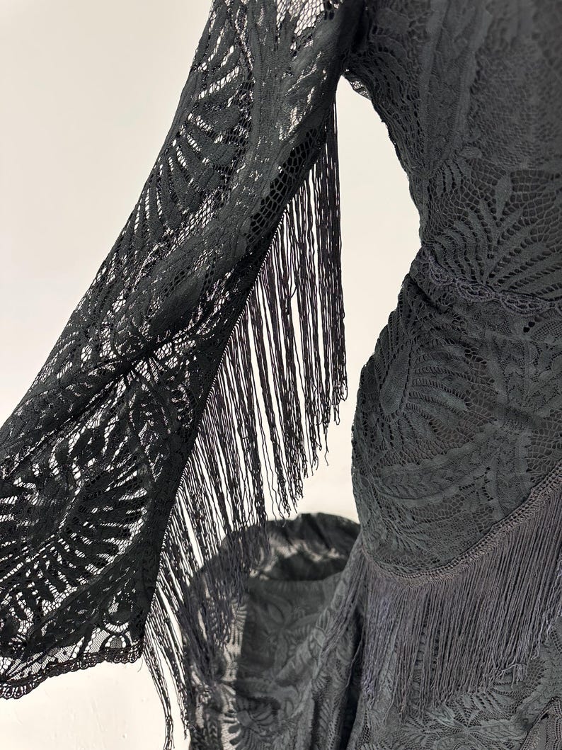 May include: Black lace dress with long sleeves and fringe detailing. The dress features intricate floral patterns and a flowing silhouette. The sleeves are adorned with delicate fringe, adding movement and texture to the garment.