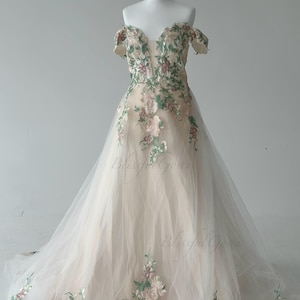3D Floral Wedding Dress Tulle Off Shoulder Gown Blush Fairytale Bridal Dress Embroidered Garden Princess Gown Colorful Wedding Dress