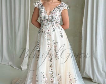 Colorful Wedding Dress With Cap Sleeve Embroidery Wedding Dress Summer Wedding Dress Lace Floral Wedding Dress Garden Wedding Dress