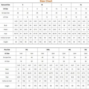May include: A size chart with measurements in inches and centimeters. The chart includes standard and plus sizes, detailing bust, waist, hips, hollow to hem, and height measurements for various US, European, and UK sizes.