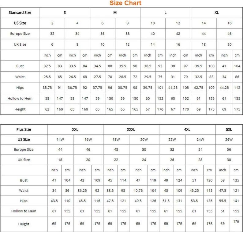 May include: A size chart with measurements in inches and centimeters. The chart includes standard and plus sizes, detailing bust, waist, hips, hollow to hem, and height measurements for various US, European, and UK sizes.