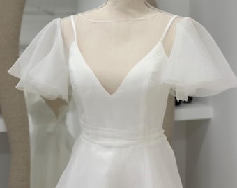 Flutter Sleeve Wedding Dress | Chiffon Bridal Gown V Neck Open Back | Boho Bride