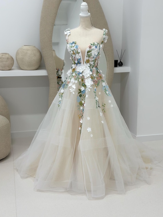 boho whimsical dresses Forest Gown | Colorful Floral Embroidery Dress | Ball off the Shoulder Fairycore Wedding Fully lined material with