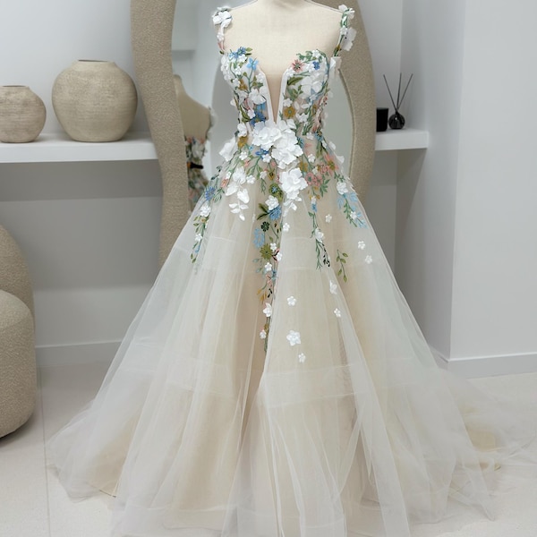 Enchanted Forest Wedding Gown | Colorful Floral Embroidery Dress | Ball Off The Shoulder Fairycore Boho Wedding