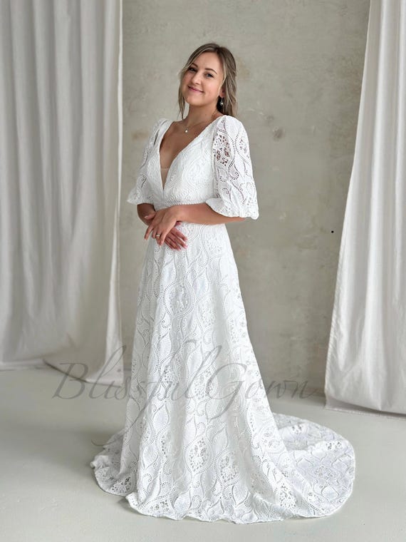 Sell-out! Bohemian Wedding Dress With Puffy Sleeve Lace Modest Wedding Dress  Vintage Rustic Wedding Dress Elegant Boho Wedding Dress - Etsy Israel