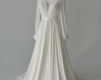 Chiffon Wedding Dress V Neck | Boho Bridal Gown Long Sleeves | Corset Back Bride