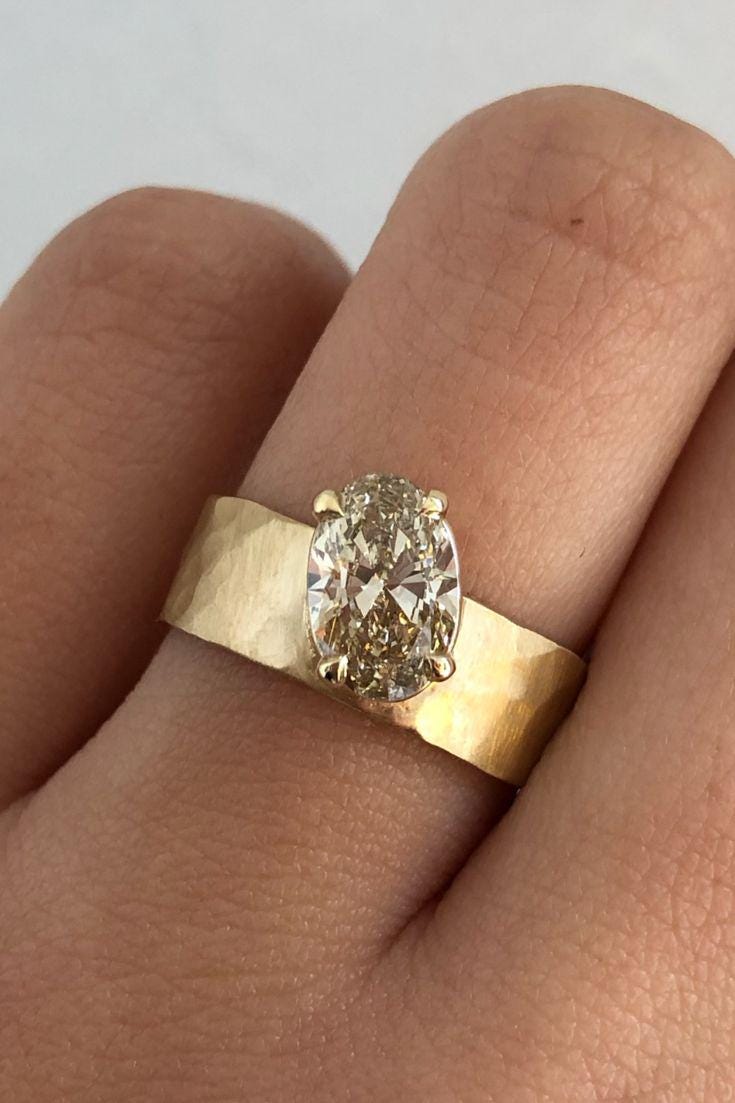 Oval Moissanite Engagement Ring Wide Band | Oval Cut Solitaire | Hammered Gold Ring | 925 Silver, Yellow, Rose, White Gold  anniversaries
