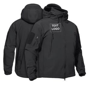May include: Black hooded jacket with multiple pockets and a zipper closure. The jacket features a patch on the left sleeve and a white square with the text "TEXT LOGO" on the chest. The jacket is shown from the front and back.