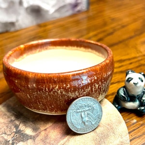 May include: A small, brown ceramic bowl with a light-colored liquid inside, next to a U.S. quarter coin and a small panda figurine. The bowl has a textured, glazed finish. The quarter is approximately 1 inch in diameter. The panda is black and white.