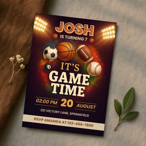 Bearbeitbar Es ist Spielzeit Sport Geburtstagsfeier Einladungskarte Vorlage, Digitaler Fußball, Basketball, Tennis, 8 Ball Geburtstags Mobile
