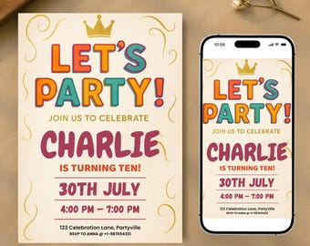 Let’s Party Bright Colorful Birthday Invitation for Kids with Retro Style