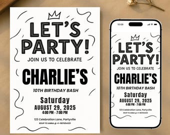 Invitación de cumpleaños infantil de género neutro Let's Party en blanco y negro