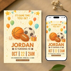 Bearbeitbar Es ist Spielzeit, du bist dabei? Sport Geburtstagsfeier Einladung Kartenvorlage, Digitaler Fußball, Basketball, Fußball Geburtstag Mobile