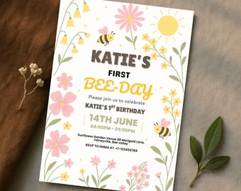Mall för inbjudan till First Bee-dagen: Redigerbar inbjudan till första födelsedagsfest (digital nedladdning)