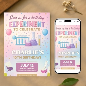 Op de afbeelding: Een uitnodiging voor een verjaardagsfeestje met een wetenschapsthema. De uitnodiging bevat de tekst "Doe mee voor een verjaardag EXPERIMENT om te vieren" en "Charlie's 10e verjaardag!" met kleurrijke illustraties.