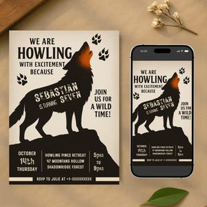 Puede incluir: Una invitación de cumpleaños con una silueta de lobo aullando con detalles en naranja. La invitación dice "Aullamos de emoción porque Sebastián cumple siete años". Un smartphone muestra el mismo diseño.