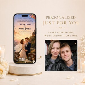 May include: A smartphone displaying a personalized wedding invitation featuring a cartoon illustration of a couple, with the text Elena Rose and Noah James. Beside it, the text reads Personalized Just For You and Share Your Photo, We'll Design It Like This.