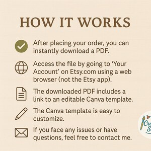 May include: A beige graphic with the text "HOW IT WORKS" and instructions for downloading a PDF after ordering. Includes icons and the Craftive Soul logo.