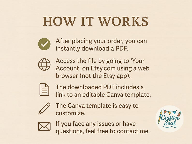 May include: A beige graphic with the text "HOW IT WORKS" and instructions for downloading a PDF after ordering. Includes icons and the Craftive Soul logo.