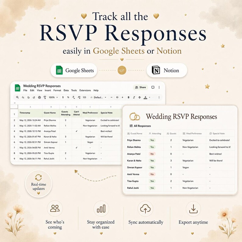 May include: A digital template for tracking wedding RSVP responses in Google Sheets or Notion. The display shows a spreadsheet interface with columns for guest names, attendance, meal preferences, and notes, alongside icons for real-time updates.
