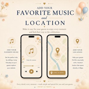 May include: A digital graphic featuring two smartphones displaying music and map interfaces. The text reads ADD YOUR FAVORITE MUSIC and LOCATION, with decorative balloons and small flowers on a cream background. Icons for music and location are shown.
