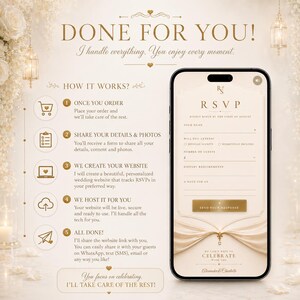 May include: A digital wedding RSVP interface displayed on a smartphone screen, featuring gold text on a cream background. The layout includes fields for name, attendance status, guest count, dietary requirements, and a note, with a gold send button.