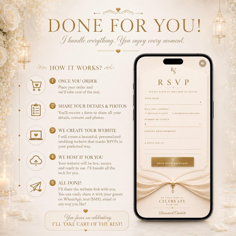 May include: A digital wedding RSVP interface displayed on a smartphone screen, featuring gold text on a cream background. The layout includes fields for name, attendance status, guest count, dietary requirements, and a note, with a gold send button.