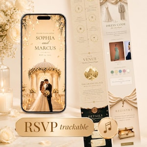 May include: A digital wedding invitation displayed on a smartphone screen featuring a couple in formal attire under a gazebo, alongside a vertical layout showing dress code, venue details, colour palettes, and a registry with a trackable RSVP button.